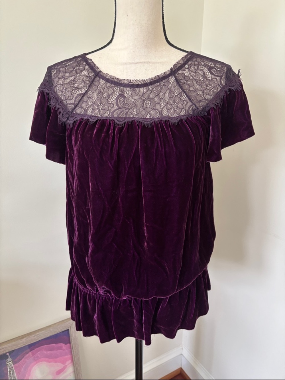 Free People Velvet Lace Yoke Blouse in Deep Plum Size Small